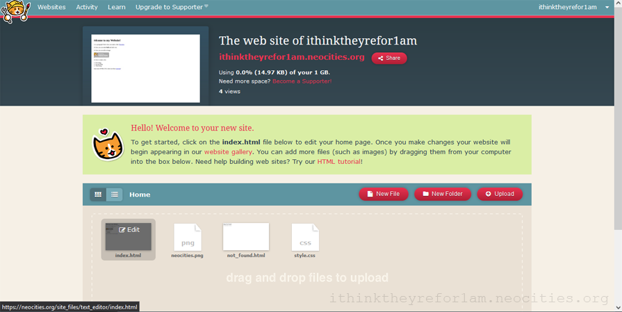 screenshot of the dashboard of the neocities website ithinktheyrefor1am.neocities.org